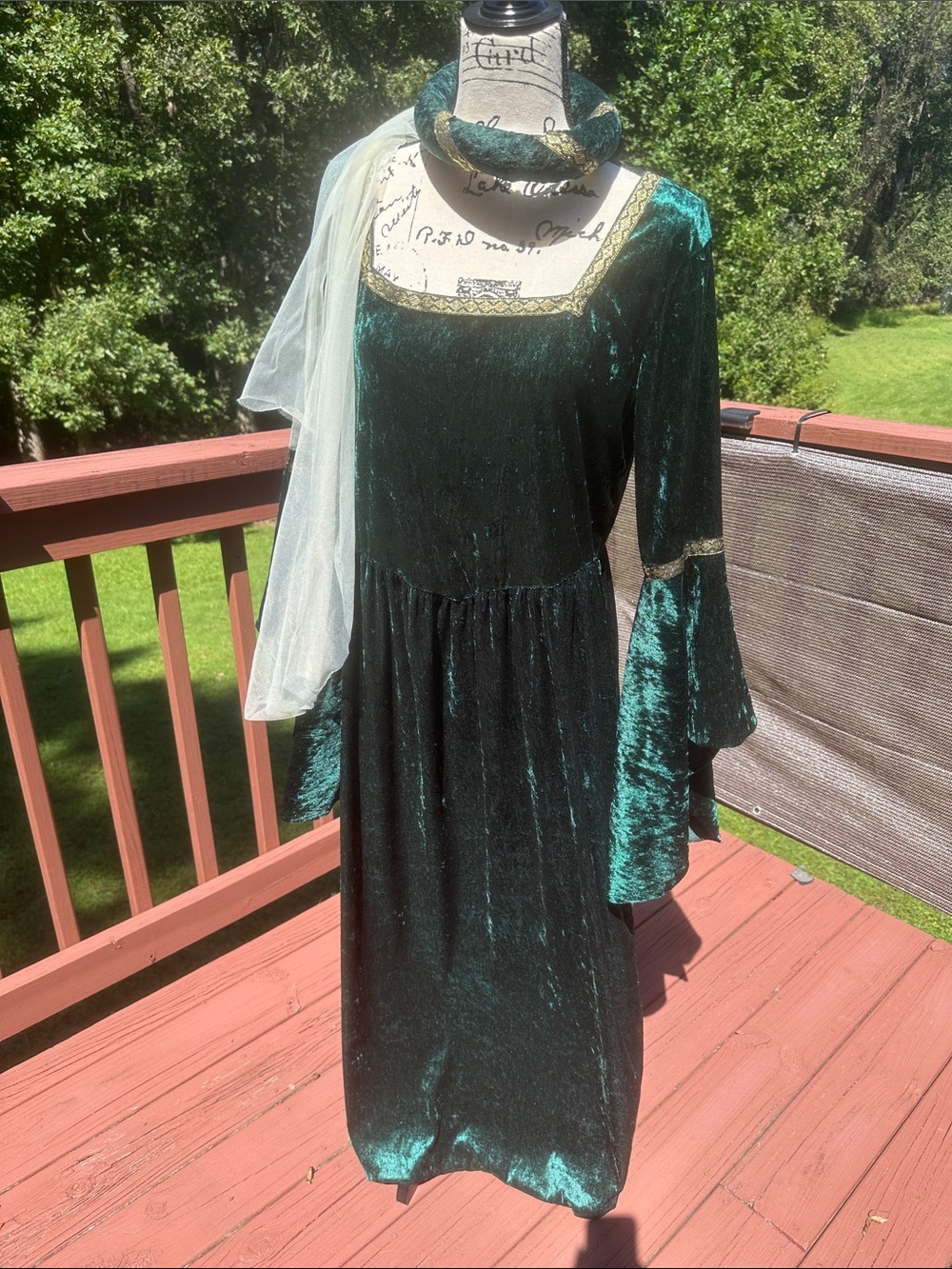Emerald Green Velvet Maxi Dress with Gold Trim Lady Gwenhyfar Costume